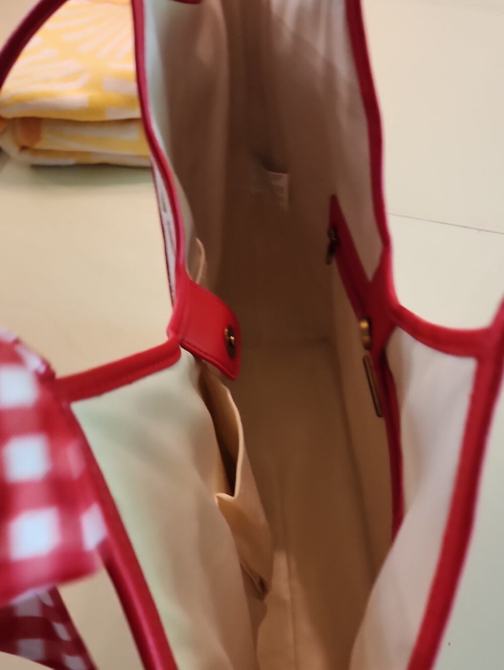 Steve Madden Red & Cream Cherry Canvas Tote with Gingham Bow - Picture 6 of 7